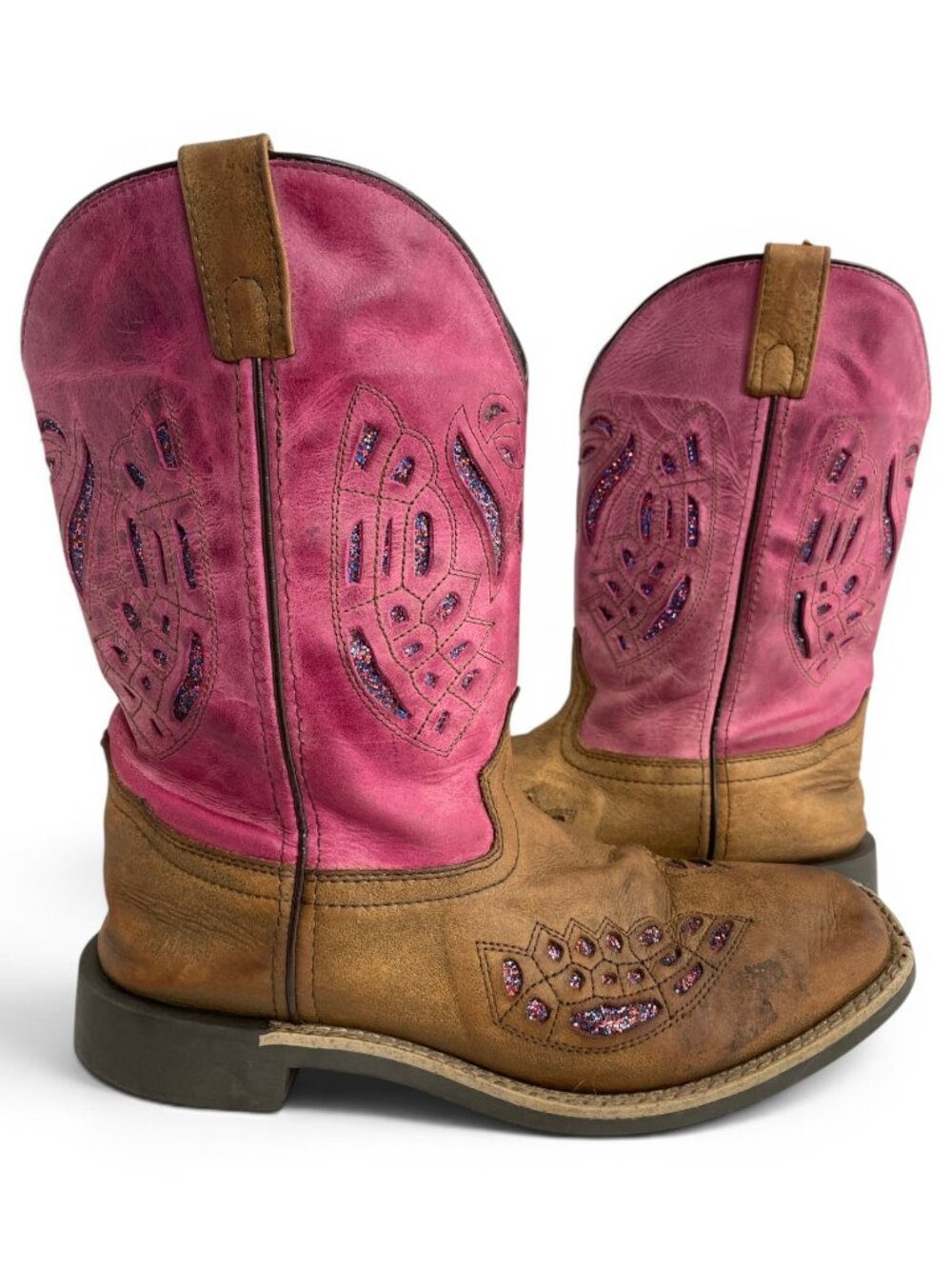 Shyanne Pink Tan Glitter Leather Western Cowgirl Square Toe Boots Women's 6 D